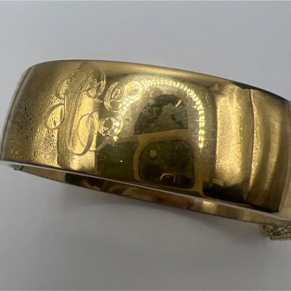 Vintage Monet Bangle Bracelet 1" Hinged Clamper Monogrammed Safety Chain 6.5" - Picture 10 of 10